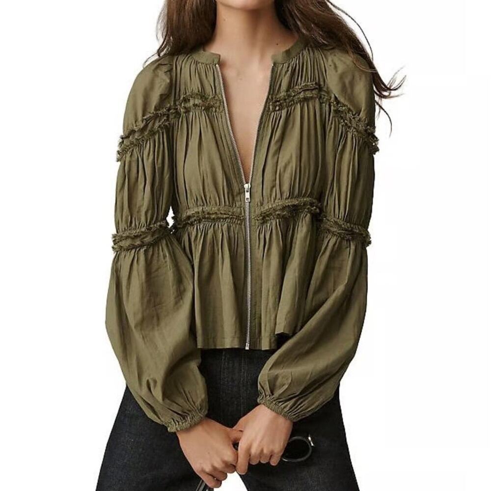 Anthropologie Ruffled Zip Up Blouse Moss Green Small
